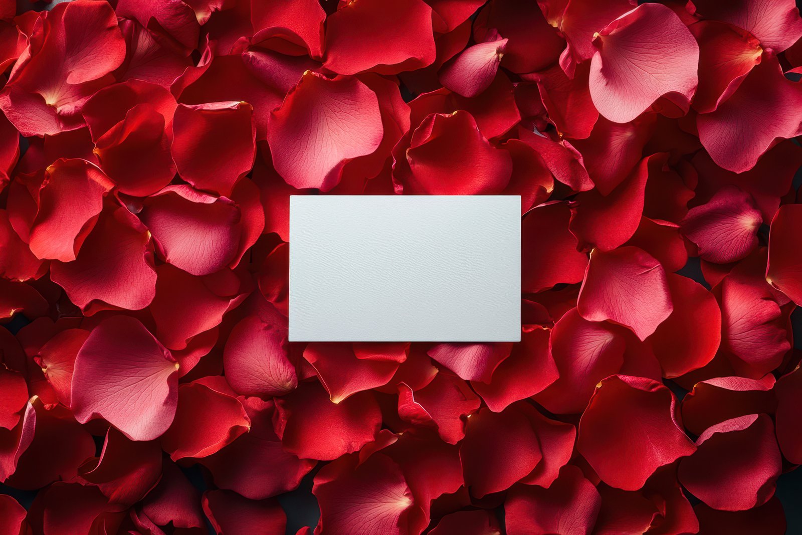 A blank card sits atop a bed of red rose petals